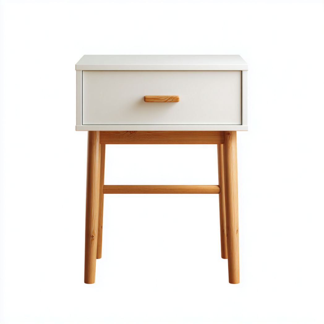 Modern nightstand with two drawers in white finish and wood legs 45 x 40 x 65cm