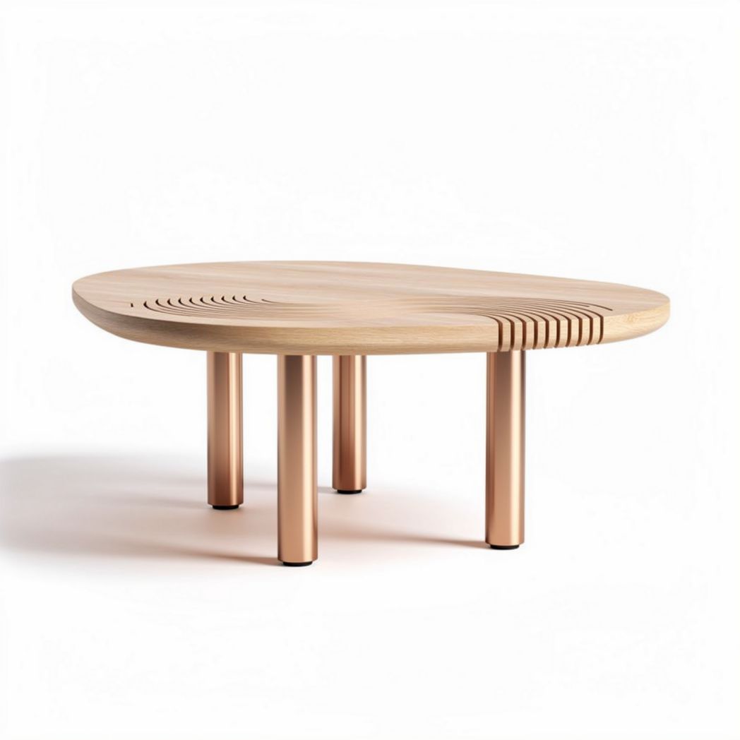 Coffee table in wood with copper legs and ergonomic design 80 x 80 x 40cm