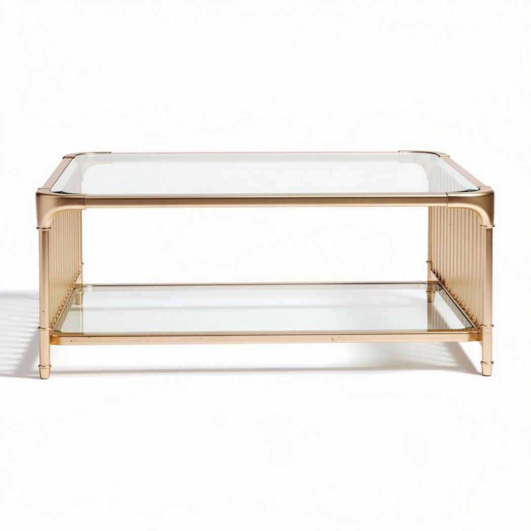 Glass top coffee table with gold metal frame and lower shelf 100 x 60 x 45cm