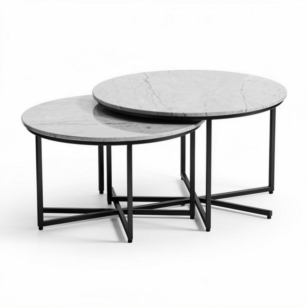 Nest of two round marble top coffee tables with black metal legs 60 x 60 x 45cm
