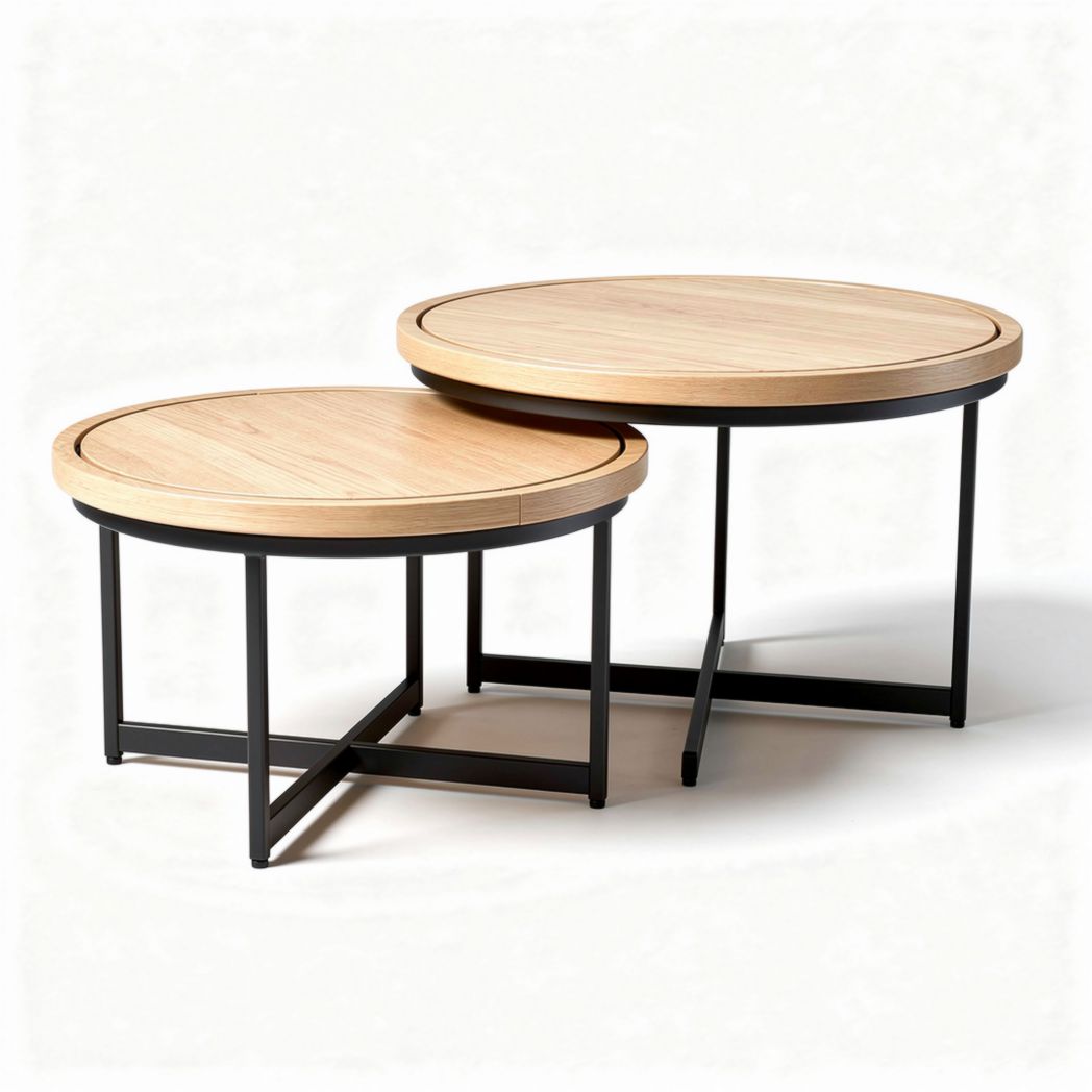 Round nesting coffee tables set of two with wood top and metal base 60 x 60 x 45cm