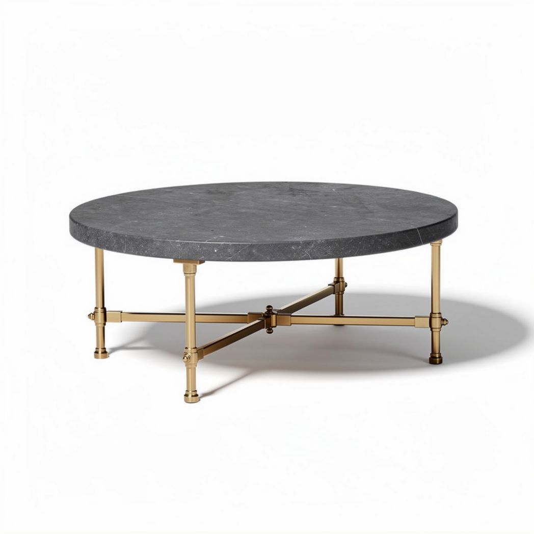 Round marble coffee table with metal base in gray and gold finish 90 x 90 x 30cm