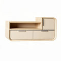 Modern wooden storage cabinet with two drawers and open shelf in beige color