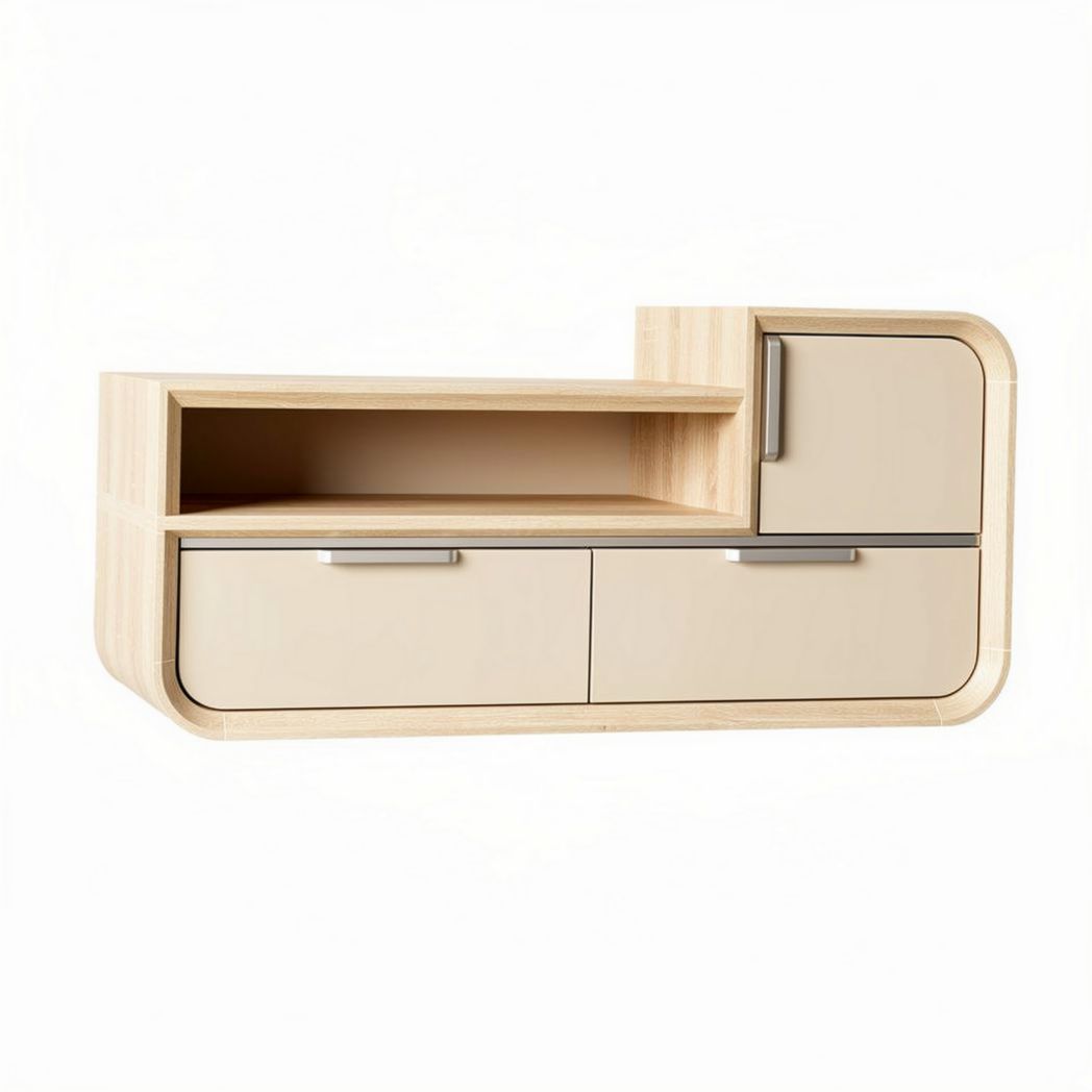 Modern wooden storage cabinet with two drawers and open shelf in beige color