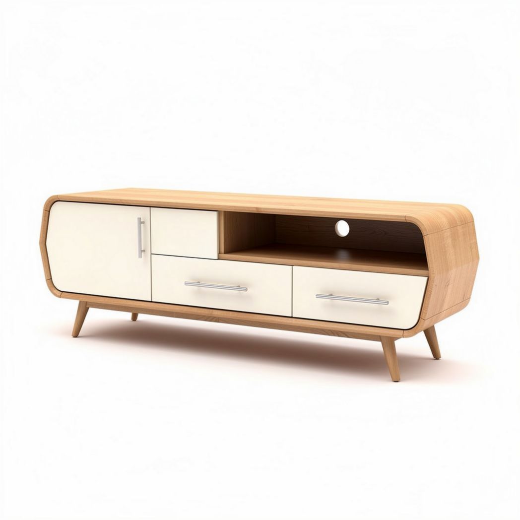 Mid-century modern wooden TV stand with storage drawers and open shelf 120 x 40 x 50cm
