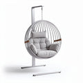 Hanging chair with padded cushion and metal frame for indoor and outdoor use