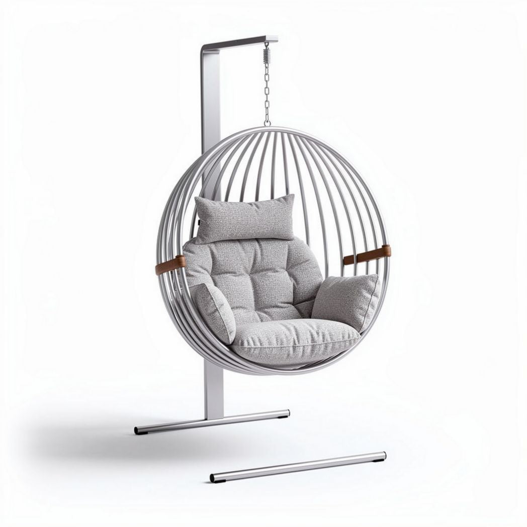 Hanging chair with padded cushion and metal frame for indoor and outdoor use