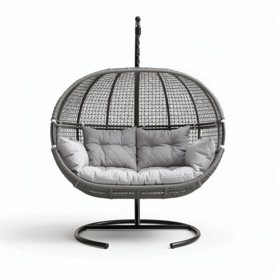Hanging egg chair with grey resin wicker and removable cushions 120 x 100 x 120cm