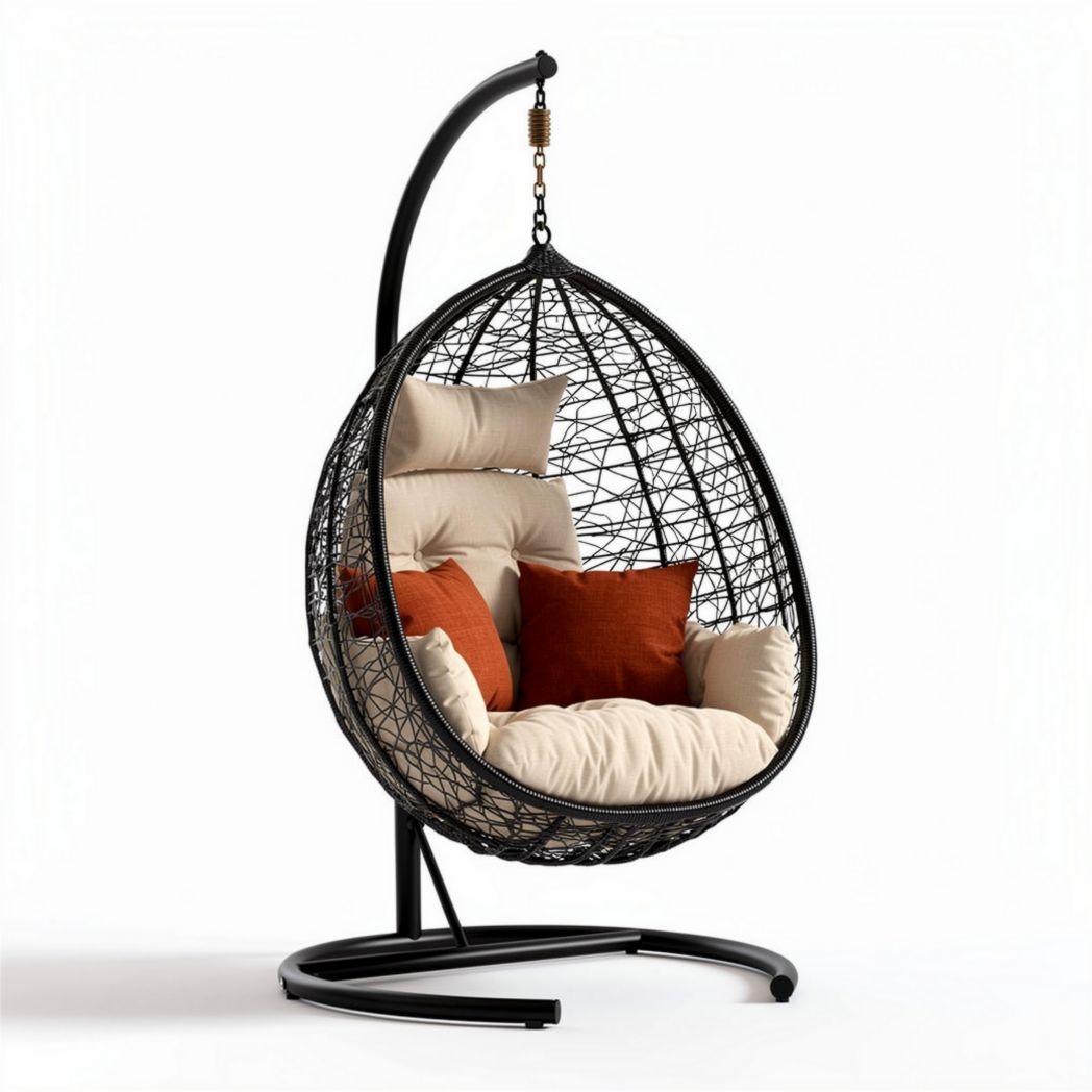 Hanging egg chair in black rattan with beige cushions for indoor outdoor use