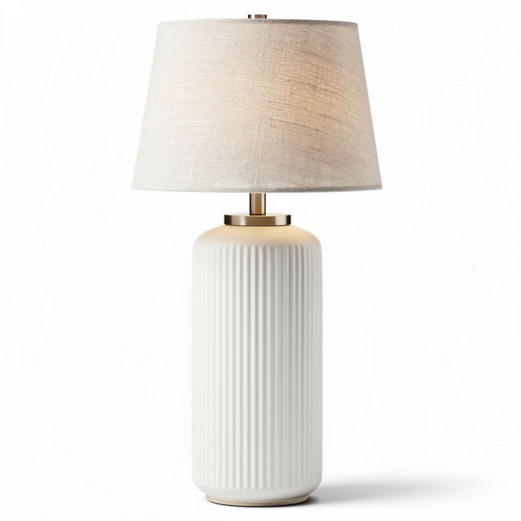 Ceramic table lamp with textured base and linen shade 15 x 15 x 45cm