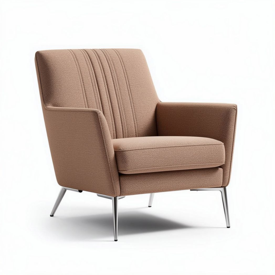 Mid-century modern armchair with metal legs and textured fabric in beige 85 x 80 x 85cm